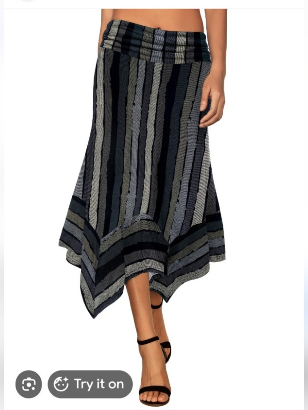NWOT DJT Sz 1X Striped Handkerchief-Hem Viscose Midi Skirt — Black, Gray, Navy